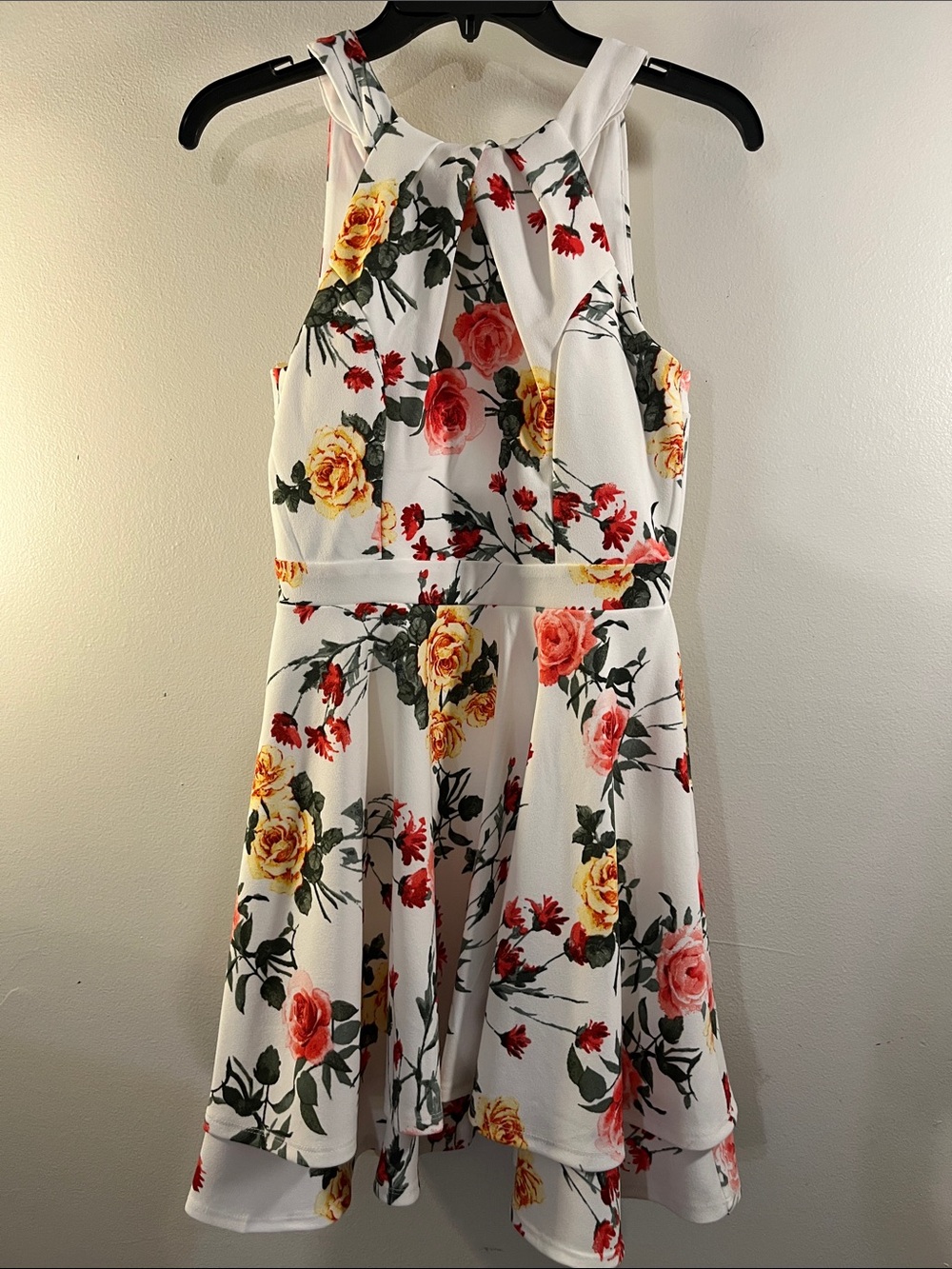 Emerald Sundae White Halter High-Low Dress with Yellow & Pink Floral Print